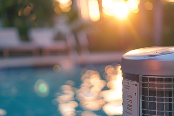 A pool heater placed beside a pool, ready to warm the water.