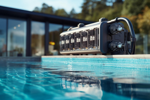 A pool with a water heater on top, ensuring warm water for a comfortable swimming experience.